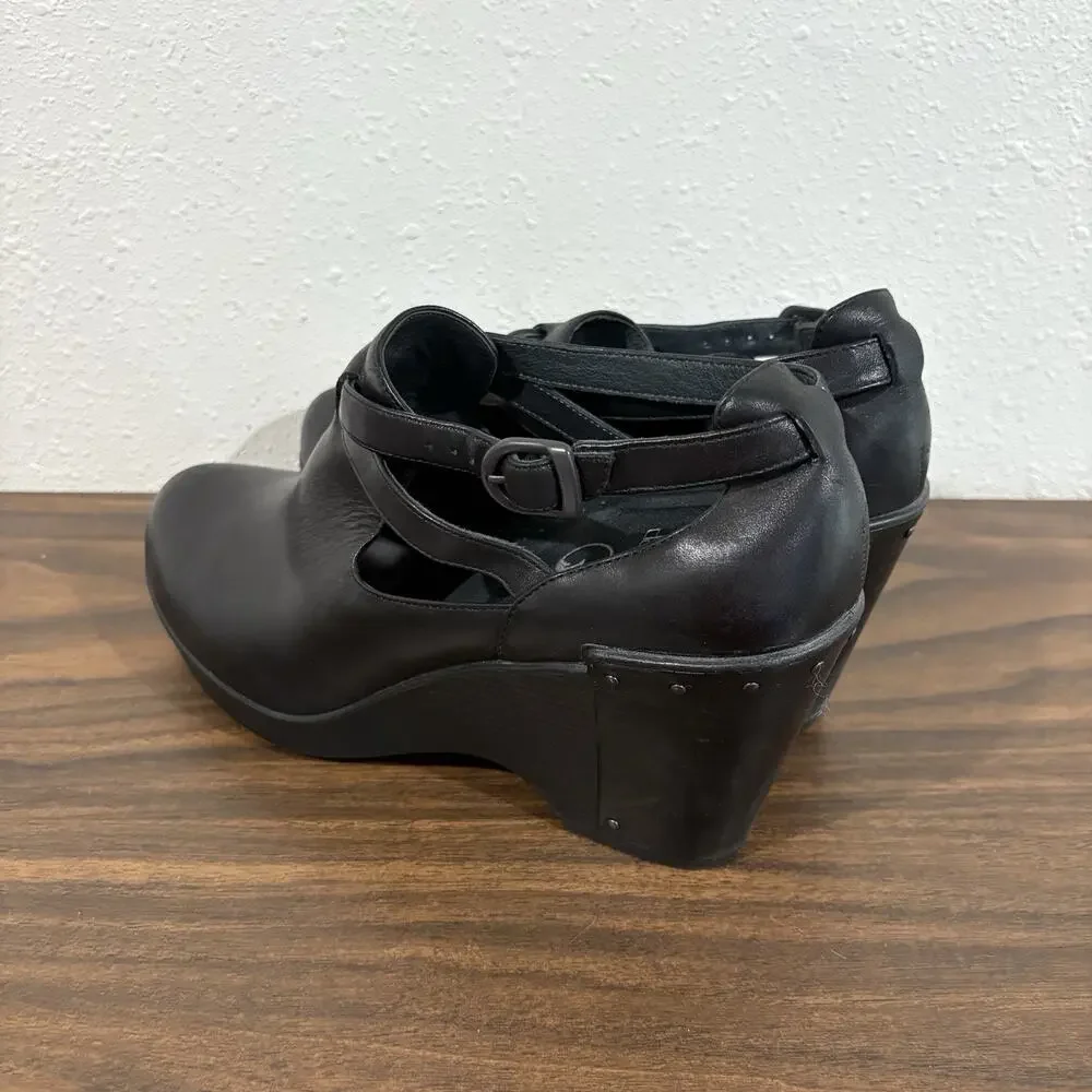Dansko Franka Womens Sz 41‎ US 10.5 11 Strappy Wedge Clog Black Leather Bootie
